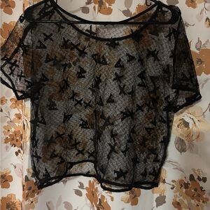 Armani Exchange Black Sheer Cropped Blouse with Boxy Cut and Floral Pattern